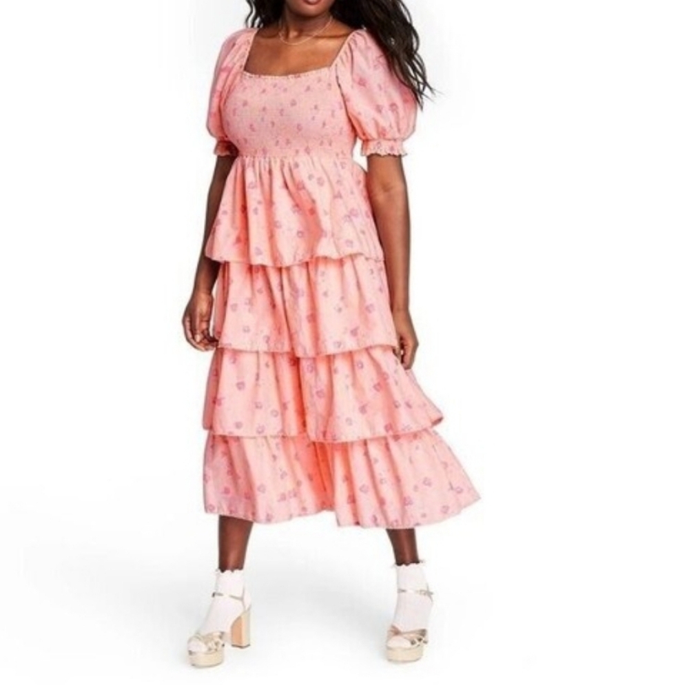 LoveShackFancy Pink Floral Tiered Maxi DressSmocked Tiered L - Picture 13 of 14